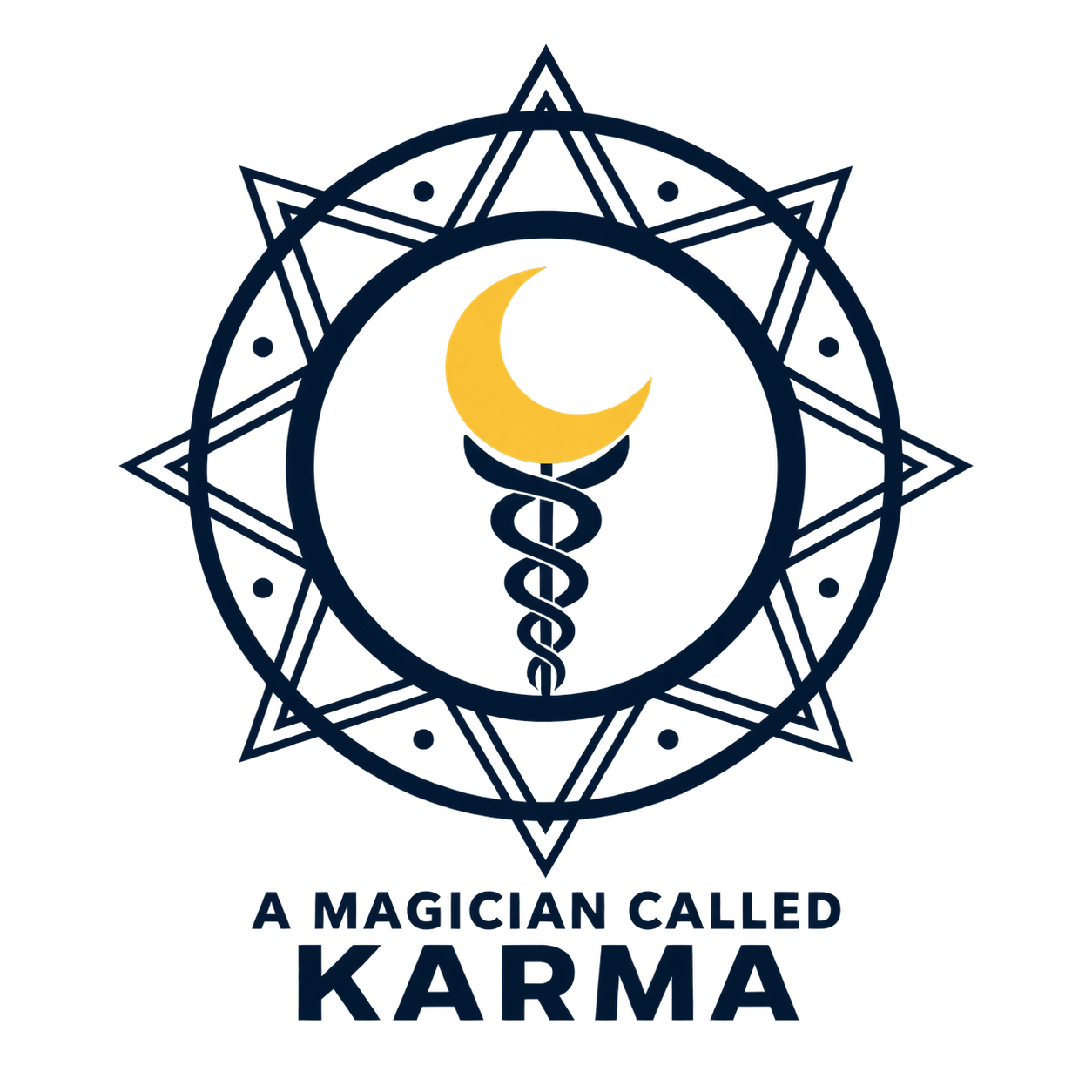 A Magician Called Karma, crescent moon and Mercury symbol within a decagram